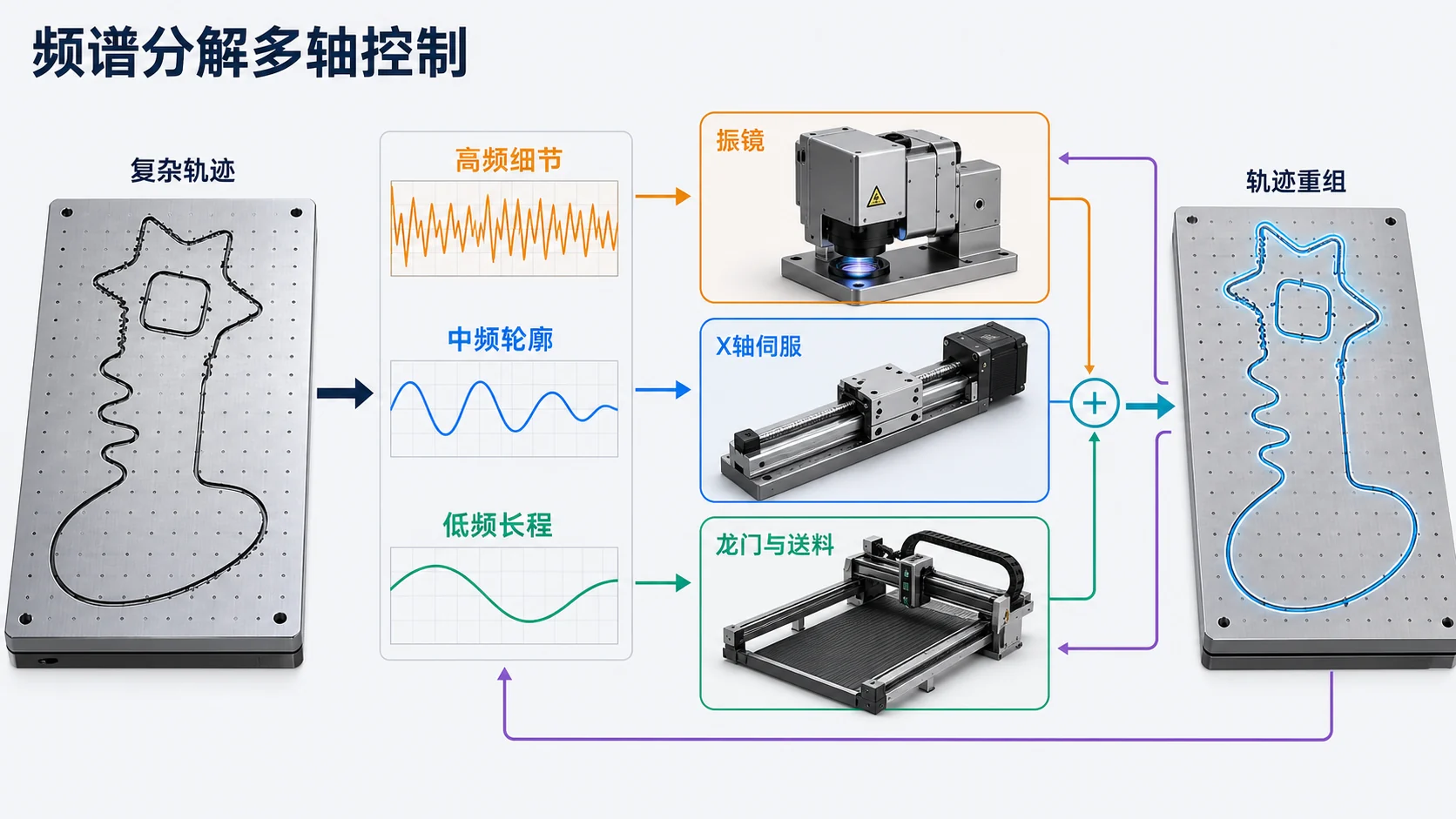 复杂轨迹分解为高频、中频、低频并分配给不同执行机构后重新组合（示意图）